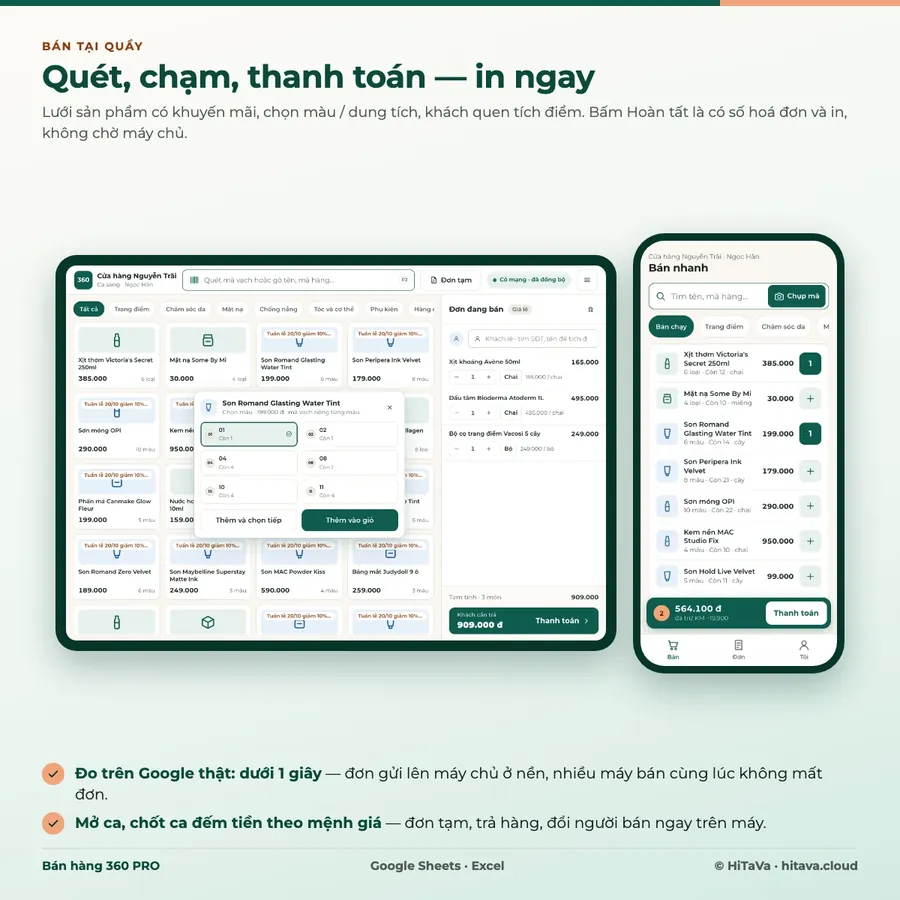 Máy bán tại quầy của Bán hàng 360 PRO trên máy tính bảng, có giỏ hàng và thanh toán