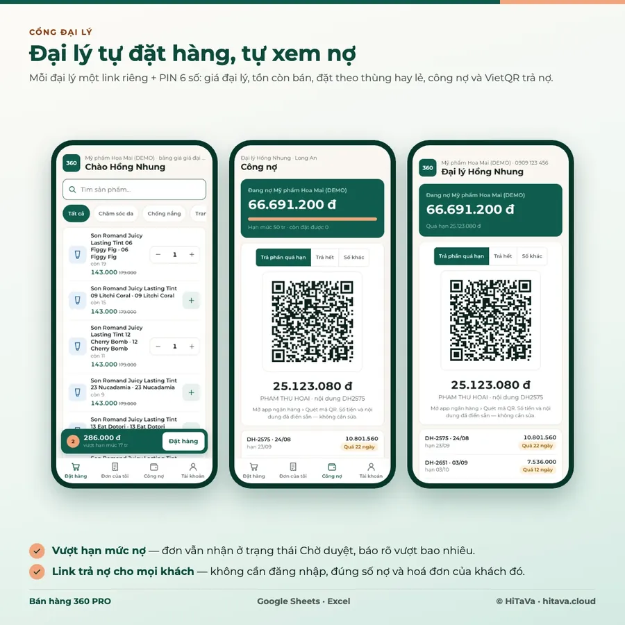Cổng đặt hàng và xem công nợ cho đại lý trên điện thoại, trong Bán hàng 360 PRO