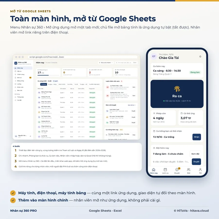 Web App Nhân sự 360 mở toàn màn hình từ Google Sheets trên máy tính và điện thoại