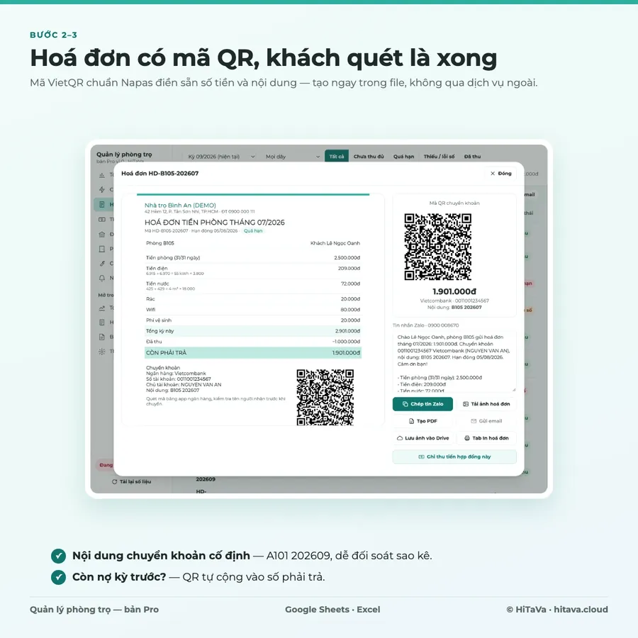 Hoá đơn tiền phòng có mã QR chuyển khoản, mang tên nhà trọ, trong mẫu Quản lý phòng trọ PRO