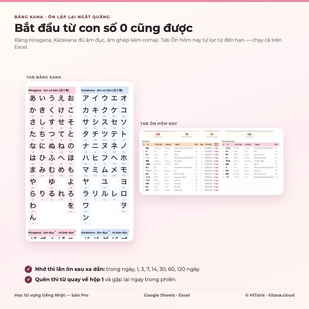 Ảnh giới thiệu mẫu Học từ vựng tiếng Nhật PRO: tab Bảng Kana có Hiragana và Katakana cơ bản kèm romaji, bên cạnh là tab Ôn hôm nay với danh sách từ cần ôn và từ mới hôm nay