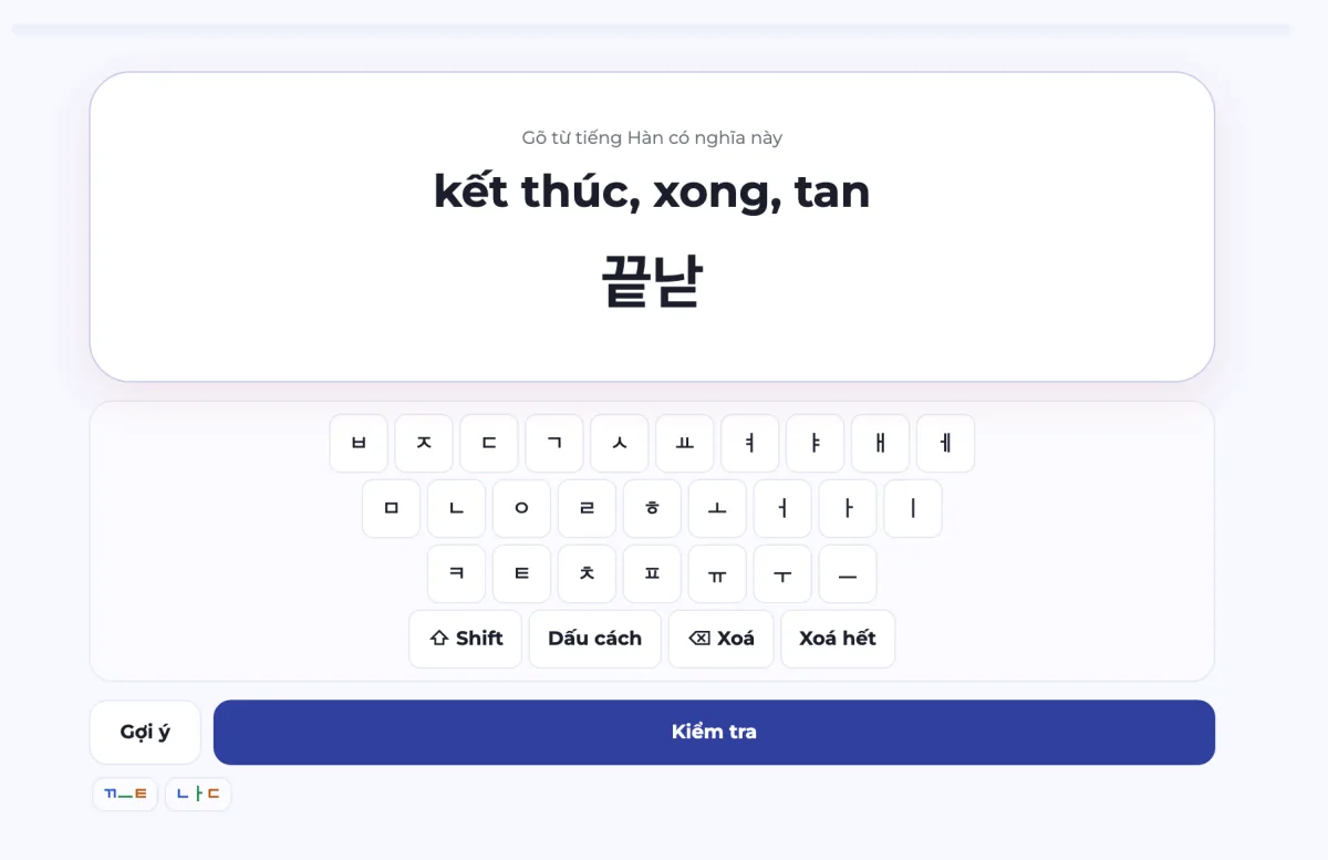 Bài gõ từ trong Học từ vựng tiếng Hàn PRO: đề bài nghĩa kết thúc, xong, tan, ô trả lời đang gõ 끝낟, bên dưới là bàn phím Hangul ảo ba hàng phụ âm và nguyên âm, phím Shift, Dấu cách, Xoá, nút Gợi ý và Kiểm tra