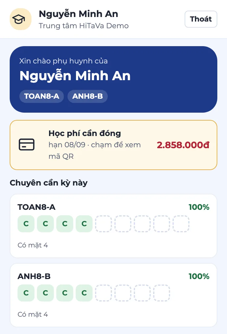 Web App tra cứu cho phụ huynh trên điện thoại: chào phụ huynh của Nguyễn Minh An, hai lớp TOAN8-A và ANH8-B, học phí cần đóng 2.858.000đ hạn 08/09, chuyên cần kỳ này mỗi lớp 4 buổi có mặt 100%, buổi học sắp tới 15/09 và 17/09