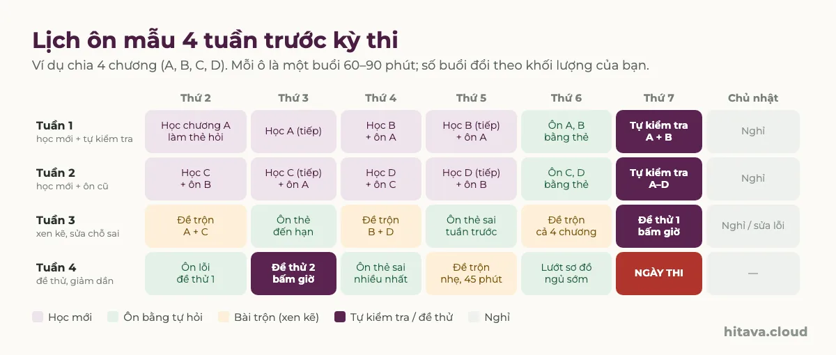 Lịch ôn thi 4 tuần: tuần 1 và 2 học mới chương A đến D kèm ôn chương cũ và tự kiểm tra thứ Bảy; tuần 3 đề trộn, ôn thẻ đến hạn, đề thử 1; tuần 4 ôn lỗi, đề thử 2, đề trộn nhẹ, lướt sơ đồ, ngủ sớm, rồi ngày thi