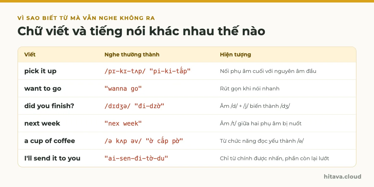 Bảng chữ viết và cách nghe: pick it up thành pi-ki-tắp, want to go thành wanna go, did you thành đi-dzờ, next week nuốt âm t, a cup of đọc yếu
