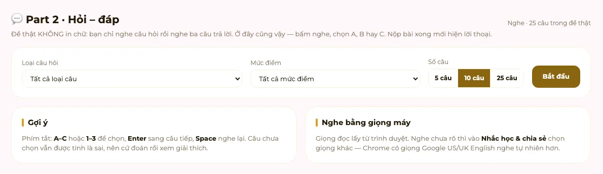 Màn hình Part 2 Hỏi đáp trong Luyện thi TOEIC PRO: chọn loại câu hỏi, mức điểm, số câu 5, 10 hoặc 25 và nút Bắt đầu