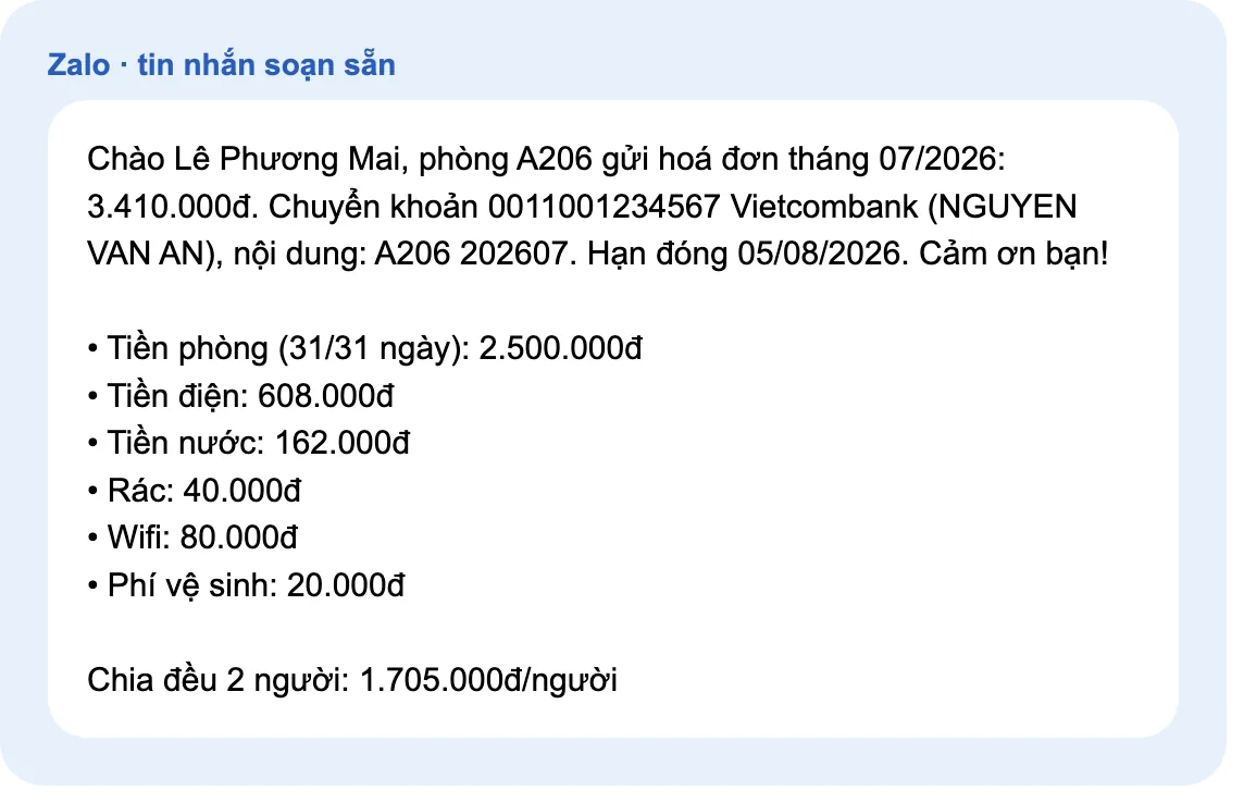 Tin nhắn Zalo soạn sẵn cho phòng A206 tháng 07/2026: tổng 3.410.000đ, số tài khoản, nội dung chuyển khoản A206 202607, hạn đóng, từng khoản tiền phòng, điện, nước, rác, wifi, phí vệ sinh và chia đều 2 người