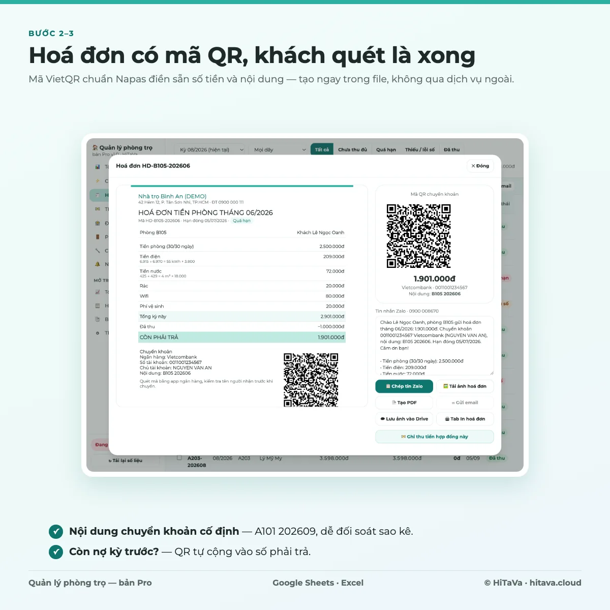 Hoá đơn tiền phòng tháng 06/2026 có mã QR chuyển khoản điền sẵn 1.901.000đ và nội dung B105 202606, bên cạnh là tin nhắn Zalo soạn sẵn
