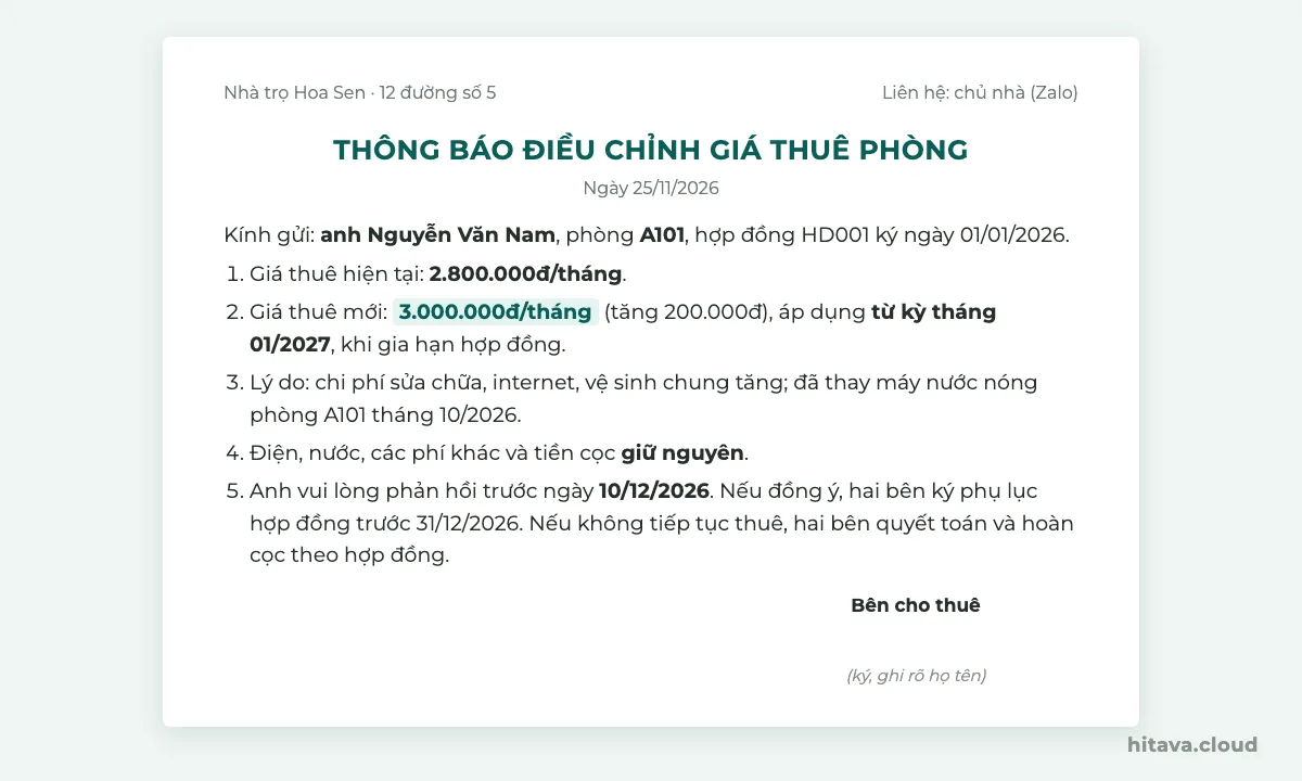 Mẫu thông báo điều chỉnh giá thuê phòng ngày 25/11/2026 gửi khách phòng A101: giá hiện tại 2.800.000đ, giá mới 3.000.000đ từ kỳ tháng 01/2027, lý do, điện nước và tiền cọc giữ nguyên, phản hồi trước 10/12/2026