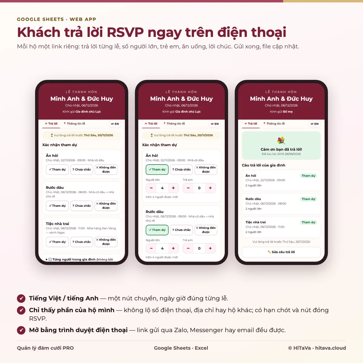 Ba màn hình điện thoại trang trả lời tham dự đám cưới: chọn Tham dự, Chưa chắc hoặc Không đến được cho từng lễ ăn hỏi, rước dâu, tiệc nhà trai; chọn số người lớn, trẻ em; màn hình cảm ơn đã trả lời