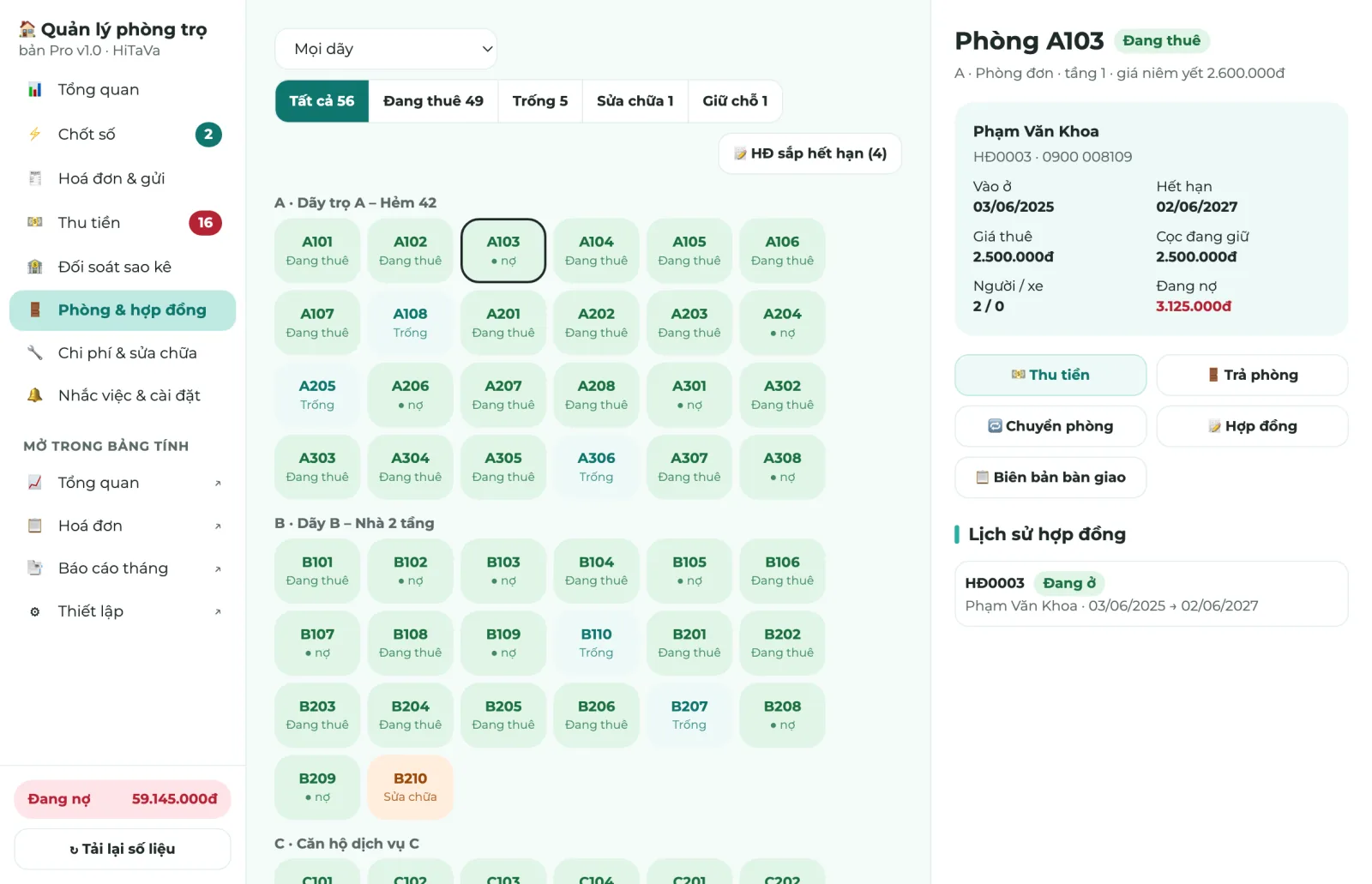 Sơ đồ phòng theo dãy trong mẫu Quản lý phòng trọ PRO, bảng bên phải phòng A103 đang thuê với giá thuê, cọc đang giữ, đang nợ và các nút Thu tiền, Trả phòng, Chuyển phòng, Hợp đồng