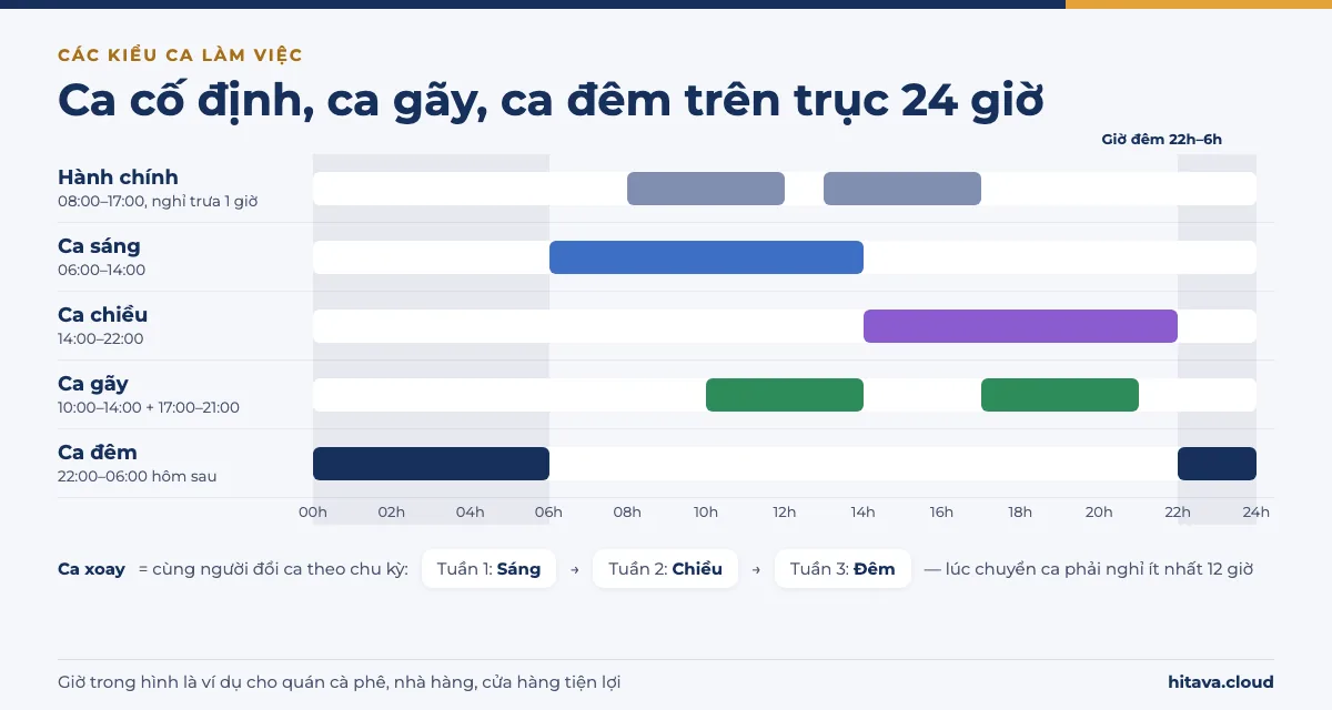 Trục 24 giờ với năm kiểu ca: hành chính 08:00 đến 17:00 nghỉ trưa 1 giờ, ca sáng 06:00 đến 14:00, ca chiều 14:00 đến 22:00, ca gãy 10:00 đến 14:00 cộng 17:00 đến 21:00, ca đêm 22:00 đến 06:00 hôm sau; vùng giờ đêm 22h đến 6h tô đậm; ca xoay đổi sáng, chiều, đêm theo từng tuần