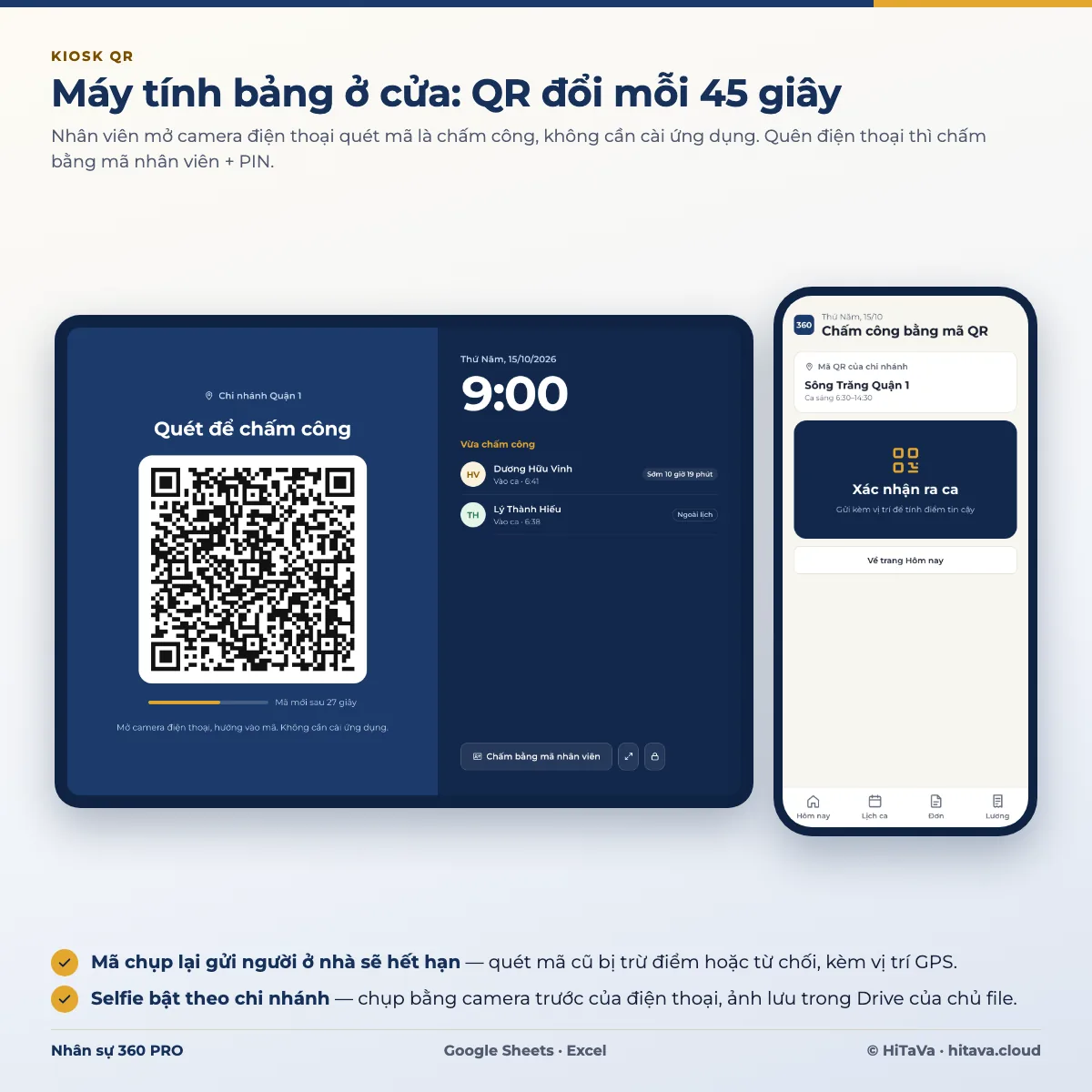 Kiosk chấm công trên máy tính bảng ở cửa chi nhánh: mã QR với thanh đếm mã mới sau 27 giây, đồng hồ 9:00 và danh sách vừa chấm công; điện thoại nhân viên mở màn hình Chấm công bằng mã QR để xác nhận ra ca