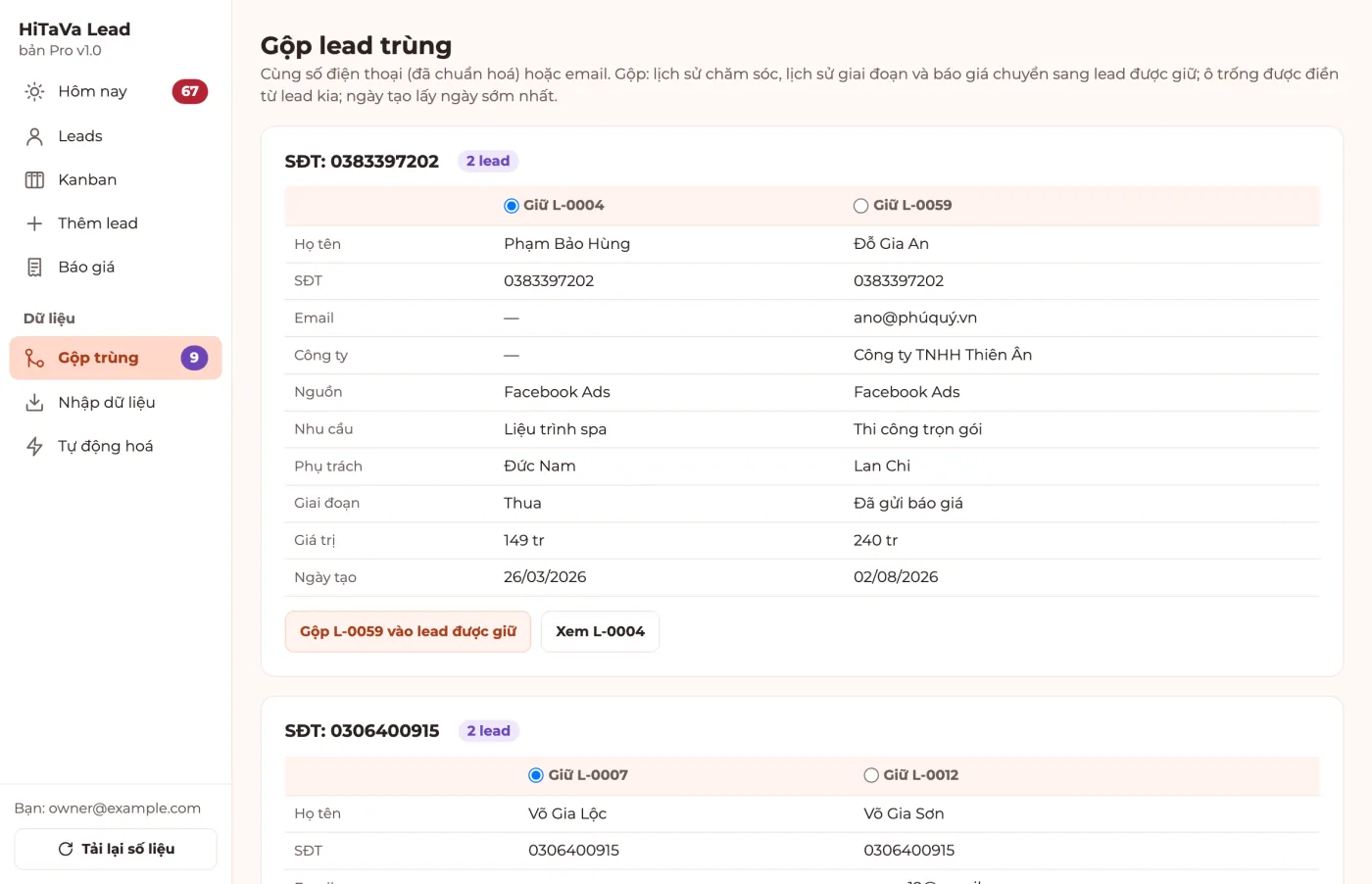 Hộp thoại Gộp lead trùng của mẫu Quản lý Lead & Bán hàng PRO: hai lead cùng SĐT 0383397202 đặt cạnh nhau, chọn lead được giữ, nút Gộp L-0059 vào lead được giữ