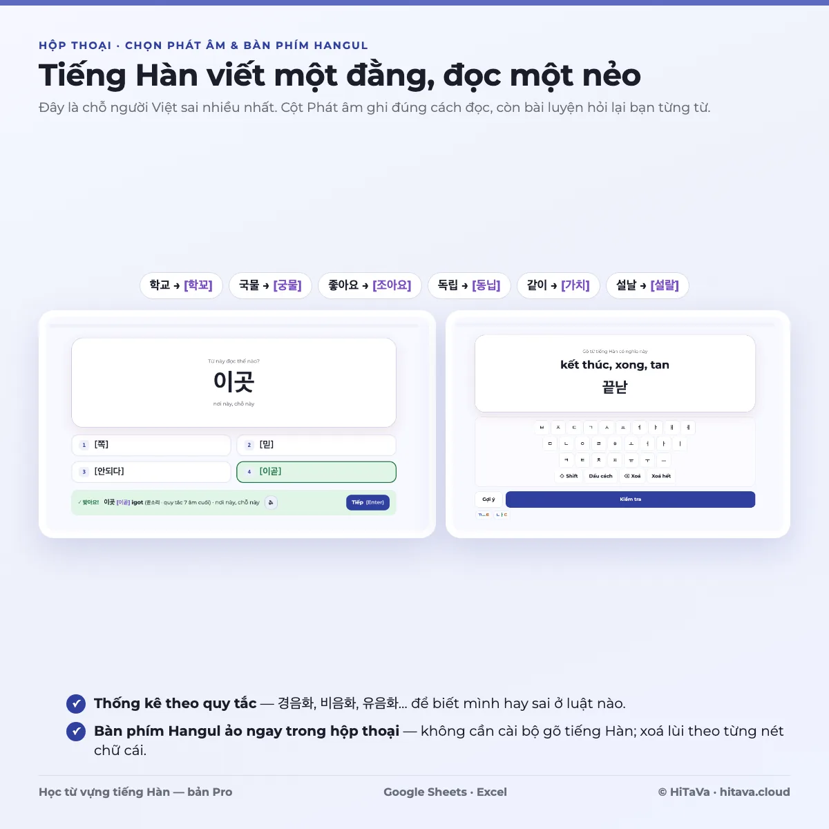 Ảnh giới thiệu cột Phát âm của mẫu tiếng Hàn: các cặp 학교 [학꾜], 국물 [궁물], 좋아요 [조아요], 독립 [동닙], 같이 [가치], 설날 [설랄] và hộp thoại chọn phát âm, bàn phím Hangul ảo