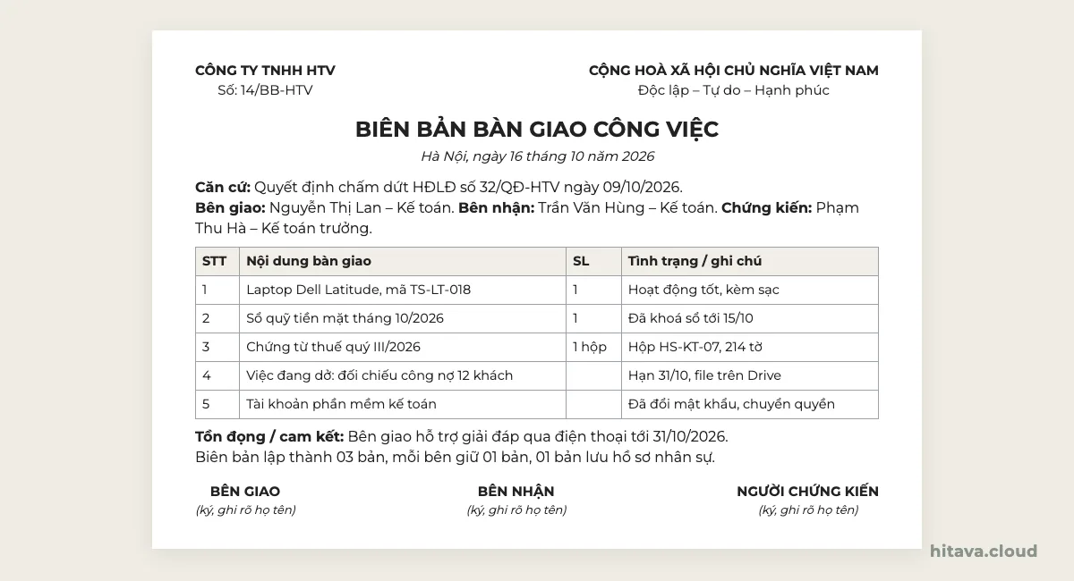 Mẫu biên bản bàn giao công việc số 14/BB-HTV ngày 16/10/2026: căn cứ quyết định chấm dứt hợp đồng, bên giao Nguyễn Thị Lan, bên nhận Trần Văn Hùng, chứng kiến Phạm Thu Hà, bảng 5 dòng laptop, sổ quỹ, chứng từ thuế quý III, việc đối chiếu công nợ, tài khoản phần mềm, mục tồn đọng và ba ô ký