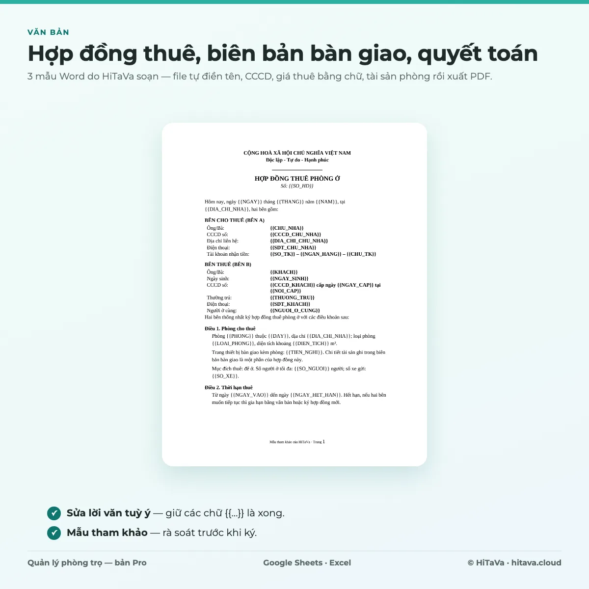 Ảnh giới thiệu 3 mẫu Word của Quản lý phòng trọ PRO: trang đầu hợp đồng thuê phòng ở với các biến {{CHU_NHA}}, {{CCCD_KHACH}}, {{PHONG}}, Điều 1 phòng cho thuê, Điều 2 thời hạn thuê; ghi chú sửa lời văn tuỳ ý, mẫu tham khảo cần rà soát trước khi ký