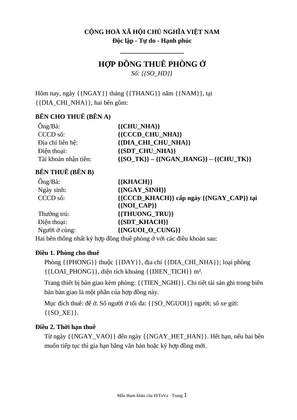 Trang đầu mẫu hợp đồng thuê phòng ở dạng Word: thông tin Bên A, Bên B với các biến {{CHU_NHA}}, {{CCCD_KHACH}}, Điều 1 phòng cho thuê, Điều 2 thời hạn thuê
