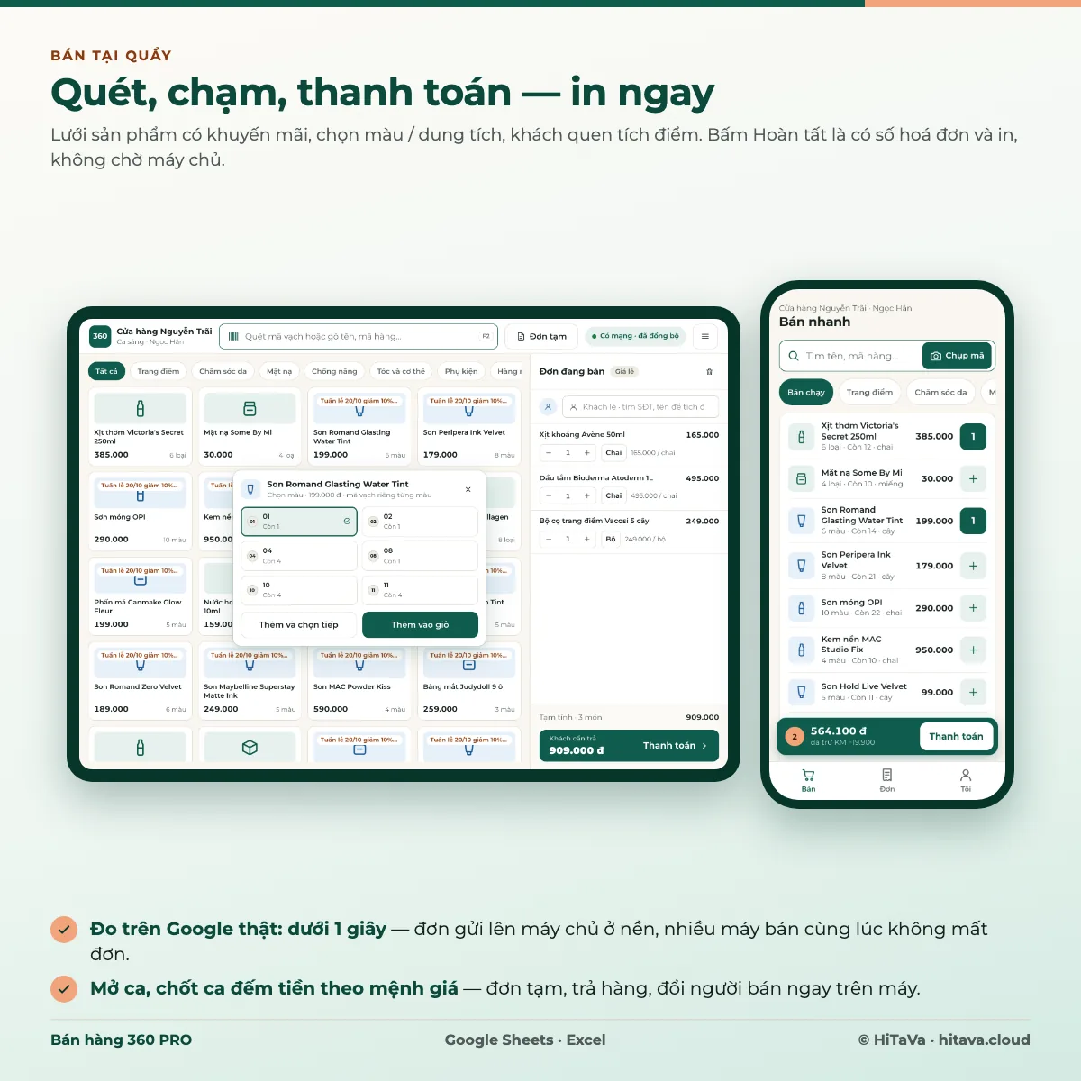 Màn hình bán tại quầy của Bán hàng 360 PRO trên máy tính bảng: lưới sản phẩm mỹ phẩm có nhãn khuyến mãi, hộp chọn màu son, giỏ hàng 909.000đ và nút Thanh toán; bên cạnh là màn hình bán nhanh trên điện thoại