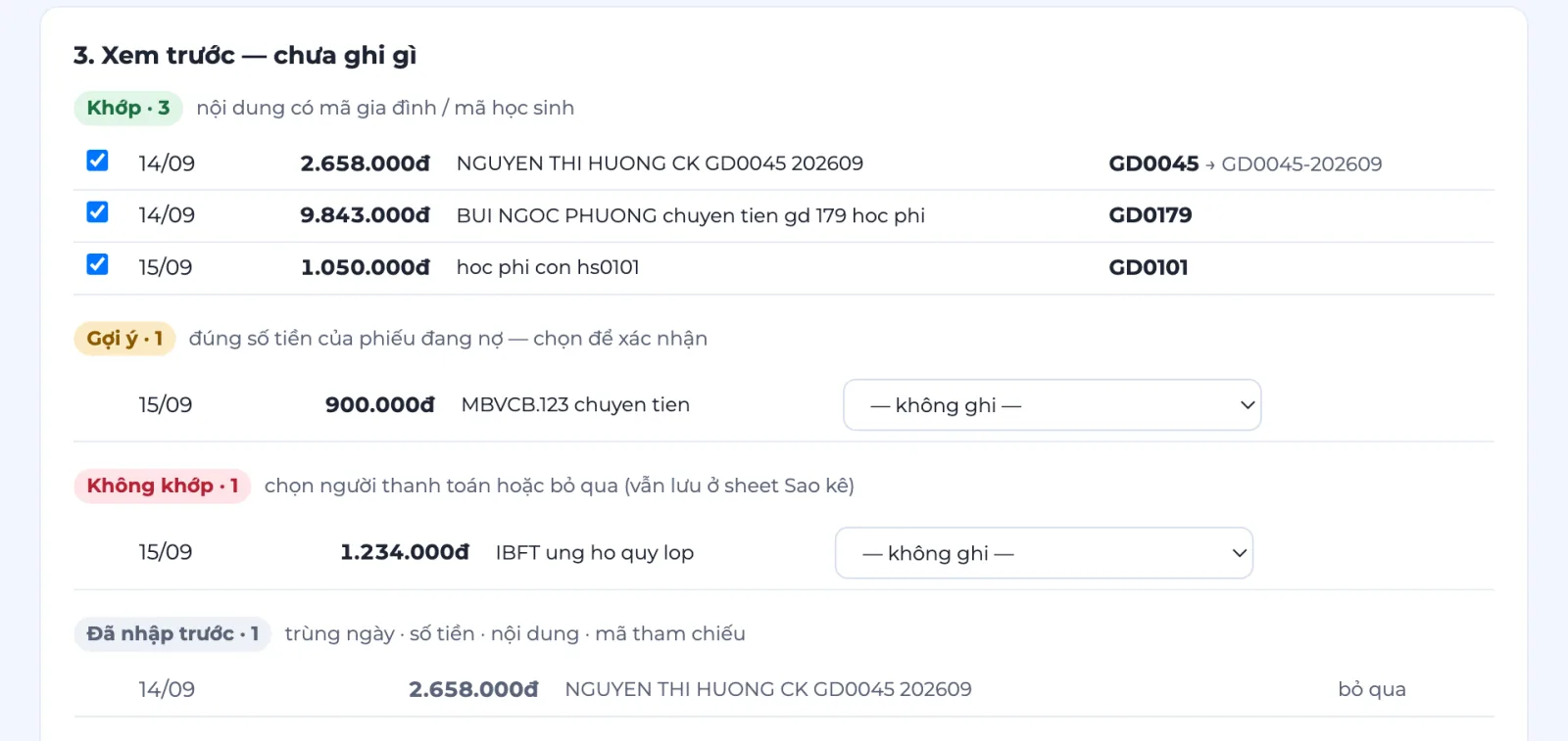 Bước xem trước khi đối soát sao kê trong mẫu Quản lý lớp học PRO: 3 giao dịch khớp mã gia đình như GD0045 202609 và GD0179, 1 giao dịch gợi ý theo đúng số tiền phiếu đang nợ, 1 giao dịch không khớp và 1 giao dịch đã nhập trước bị bỏ qua