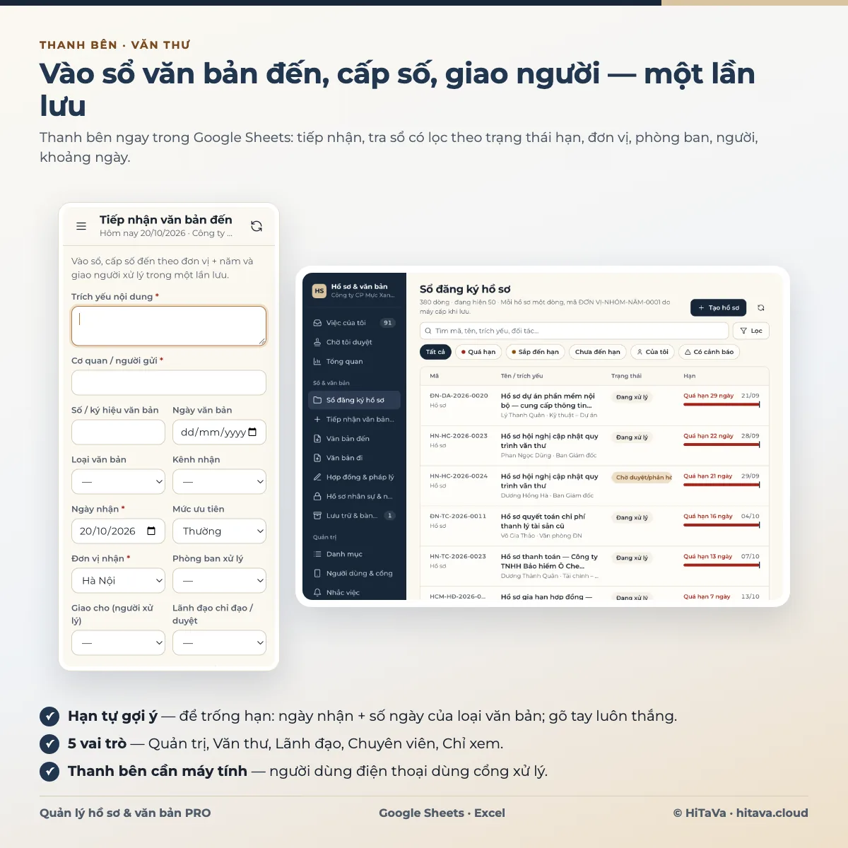 Thanh bên Tiếp nhận văn bản đến trong Google Sheets với các ô trích yếu, cơ quan gửi, số ký hiệu, loại văn bản, kênh nhận, ngày nhận, đơn vị nhận, giao cho, lãnh đạo chỉ đạo; bên cạnh là danh sách Sổ đăng ký hồ sơ có nhãn quá hạn