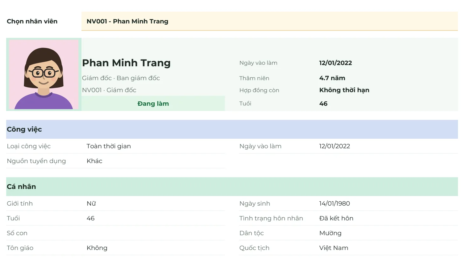 Tab Hồ sơ NV: chọn một nhân viên để xem ảnh, chức danh, trạng thái đang làm, ngày vào làm, thâm niên 4,7 năm, hợp đồng không thời hạn, tuổi 46 và các nhóm thông tin công việc, cá nhân