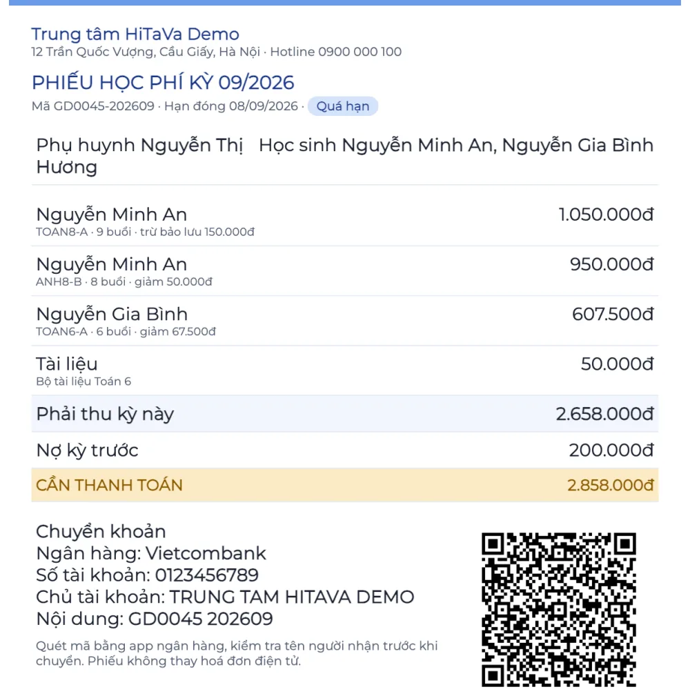 Phiếu học phí kỳ 09/2026 gộp cho hai anh em Nguyễn Minh An và Nguyễn Gia Bình: ba lớp, tài liệu, nợ kỳ trước 200.000đ, cần thanh toán 2.858.000đ, thông tin chuyển khoản và mã QR với nội dung GD0045 202609