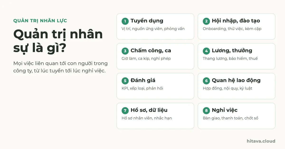 Quản trị nhân sự là gì: 8 mảng việc gồm tuyển dụng, hội nhập và đào tạo, chấm công và ca, lương thưởng, đánh giá, quan hệ lao động, hồ sơ dữ liệu, nghỉ việc