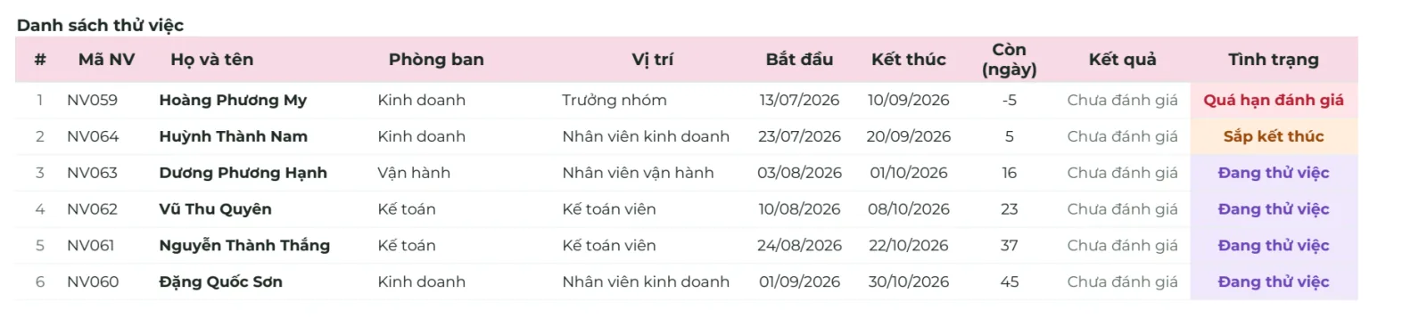 Tab Thử việc của mẫu Quản lý nhân sự PRO: danh sách 6 người với mã NV, phòng ban, vị trí, ngày bắt đầu, kết thúc, số ngày còn, kết quả Chưa đánh giá và tình trạng Quá hạn đánh giá, Sắp kết thúc, Đang thử việc