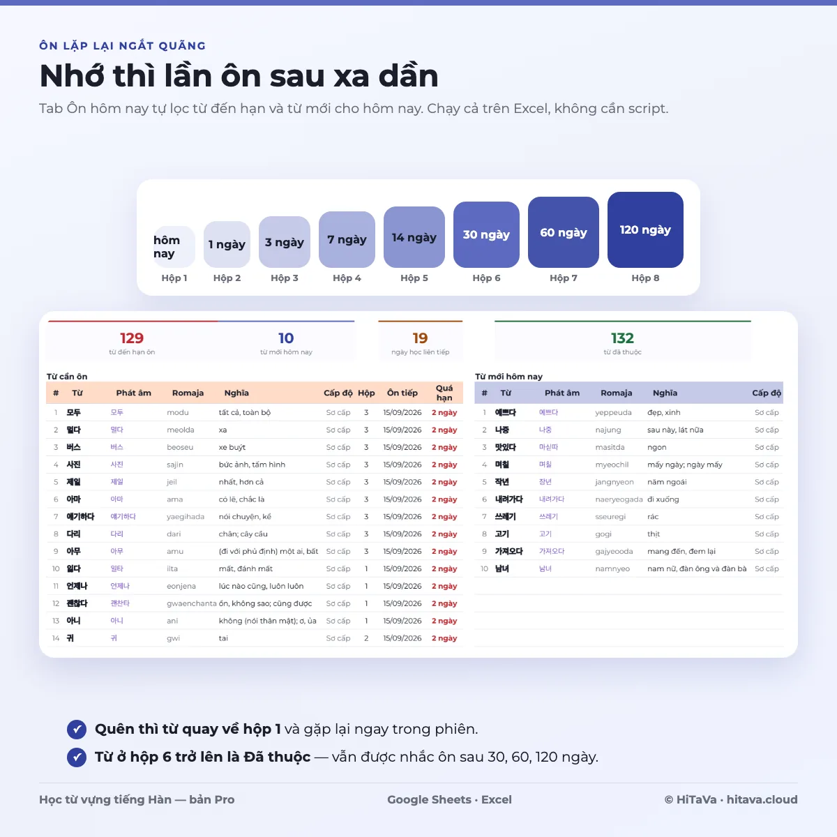 Ảnh giới thiệu mẫu Học từ vựng tiếng Hàn PRO: tám hộp ôn từ hôm nay đến 120 ngày, bên dưới là tab Ôn hôm nay với 129 từ đến hạn, 10 từ mới, 19 ngày học liên tiếp và bảng từ có phát âm, romaja, nghĩa