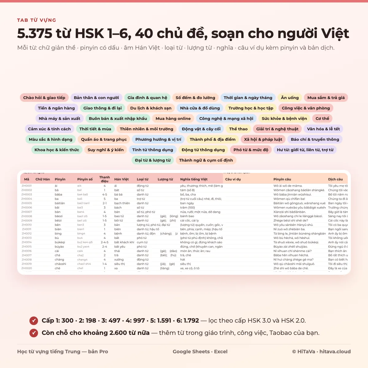 Ảnh giới thiệu tab Từ vựng của mẫu Học từ vựng tiếng Trung PRO: 5.375 từ HSK 1–6 chia 40 chủ đề, bảng có mã, chữ Hán, pinyin, thanh điệu, Hán Việt, loại từ, lượng từ, nghĩa và câu ví dụ
