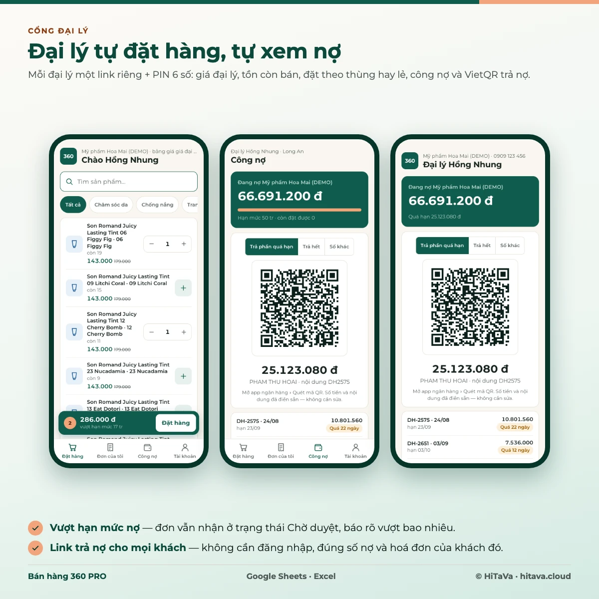 Cổng đặt hàng cho đại lý trên điện thoại: giá đại lý, tự đặt hàng, công nợ và VietQR trả phần quá hạn