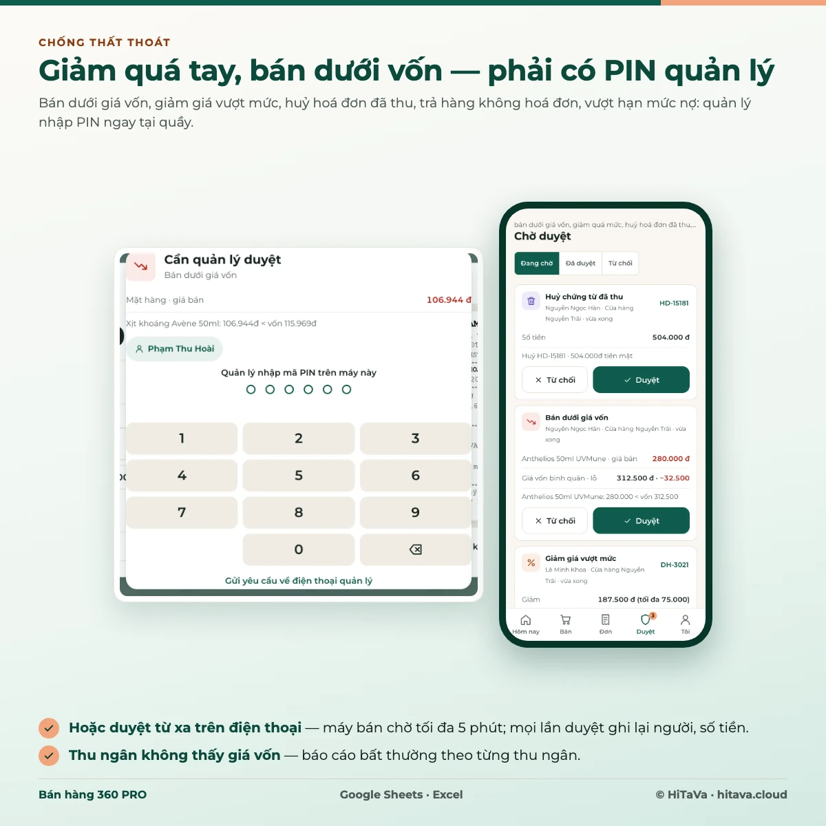Chống thất thoát: bán dưới giá vốn hoặc giảm giá vượt mức cần quản lý nhập PIN tại quầy hoặc duyệt trên điện thoại