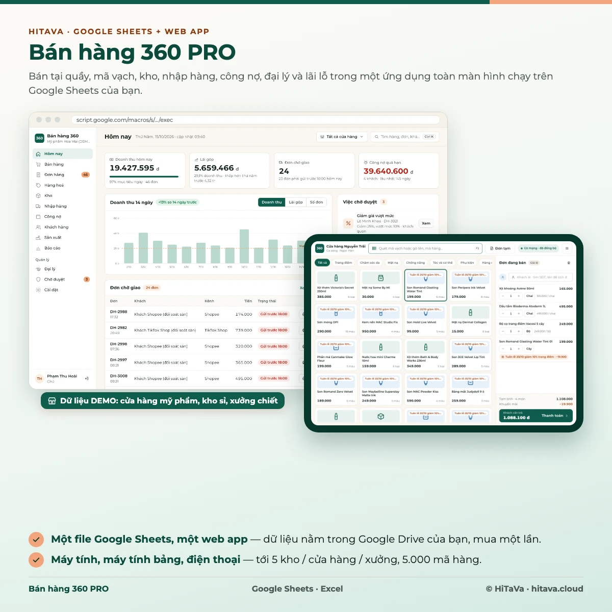 Bán hàng 360 PRO: trang Hôm nay trên máy tính và máy bán tại quầy trên máy tính bảng, dữ liệu DEMO cửa hàng mỹ phẩm 3 kho