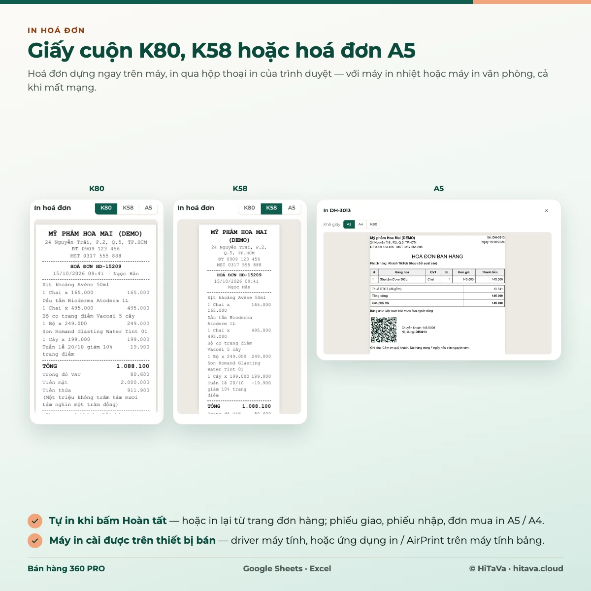 Ba khổ in hoá đơn: giấy cuộn K80, giấy cuộn K58 và hoá đơn bán hàng A5 có mã QR chuyển khoản