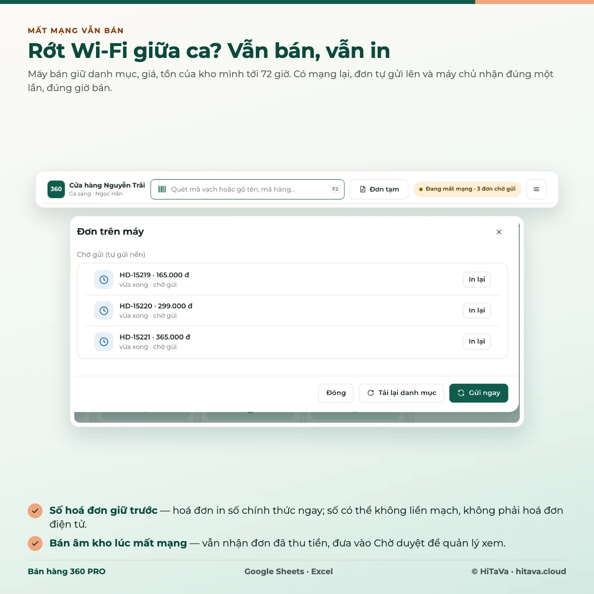 Bán khi mất mạng: máy bán báo đang mất mạng và số đơn chờ gửi, bảng Đơn trên máy với số hoá đơn đã in và nút Gửi ngay