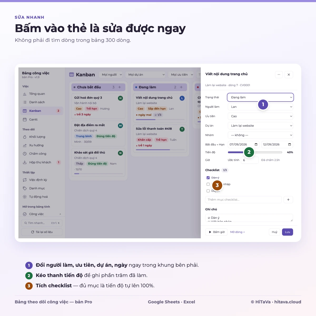 Bấm vào thẻ Kanban để sửa việc ngay, tích checklist để tiến độ tự lên