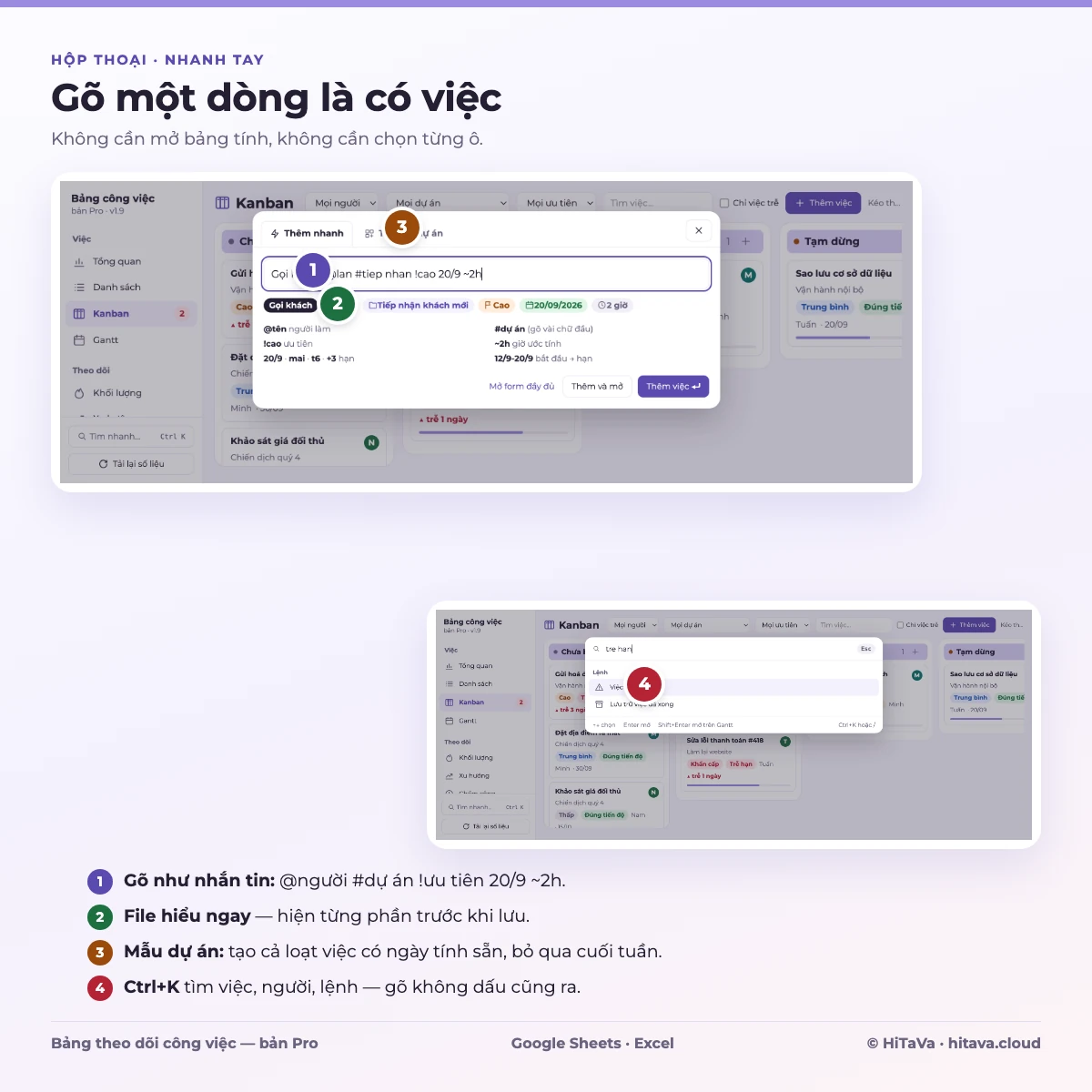 Thêm việc bằng một dòng gõ và tìm nhanh việc, người, lệnh bằng Ctrl+K