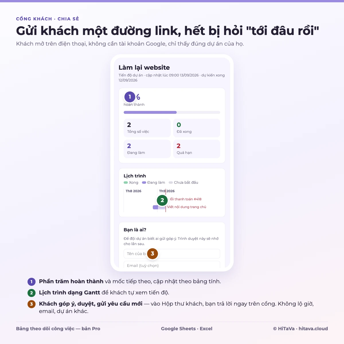 Cổng xem tiến độ cho khách qua đường link, mở trên điện thoại, không cần tài khoản Google