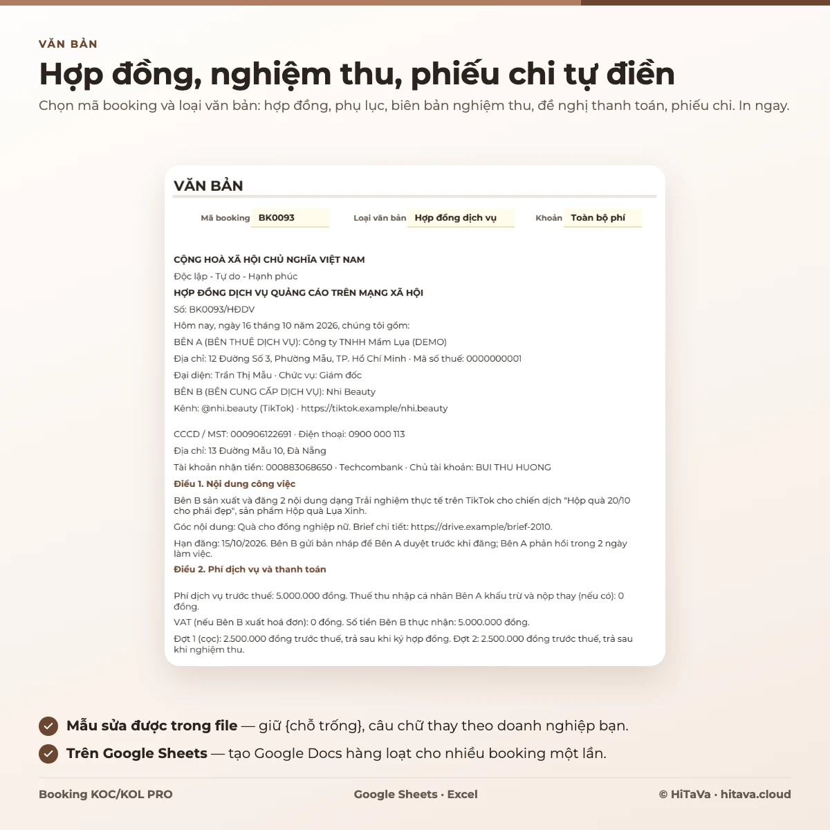 Tab Văn bản: hợp đồng dịch vụ quảng cáo đã điền tên công ty, tên KOC, kênh, chiến dịch, hạn đăng và phí