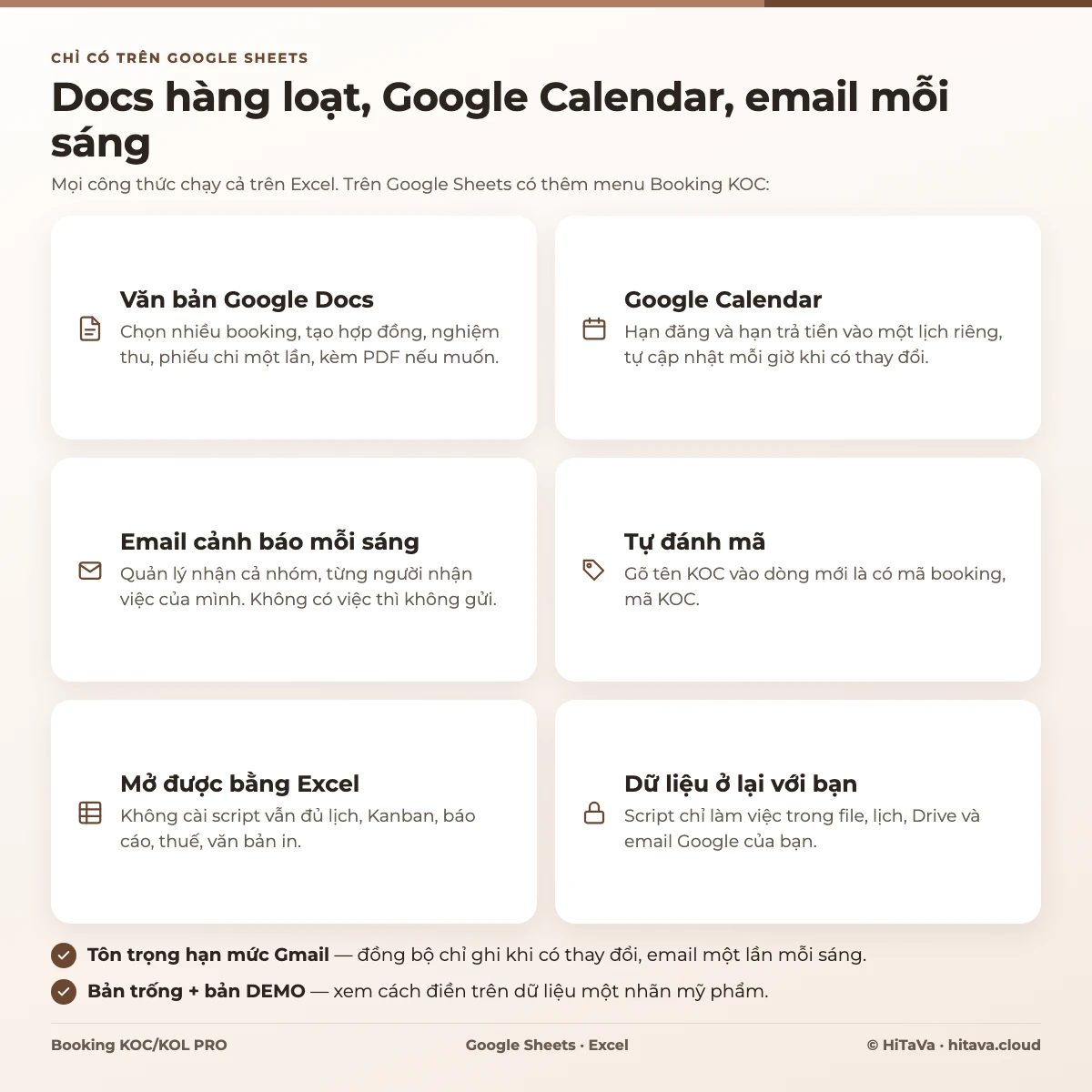Tính năng trên Google Sheets: tạo Google Docs hàng loạt, đồng bộ Google Calendar, email cảnh báo mỗi sáng, tự đánh mã