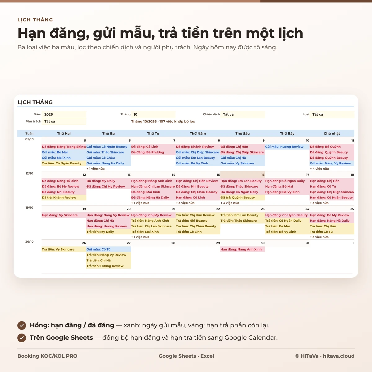 Tab Lịch tháng tháng 10: mỗi ô ngày có hạn đăng màu hồng, gửi mẫu màu xanh và hạn trả tiền màu vàng