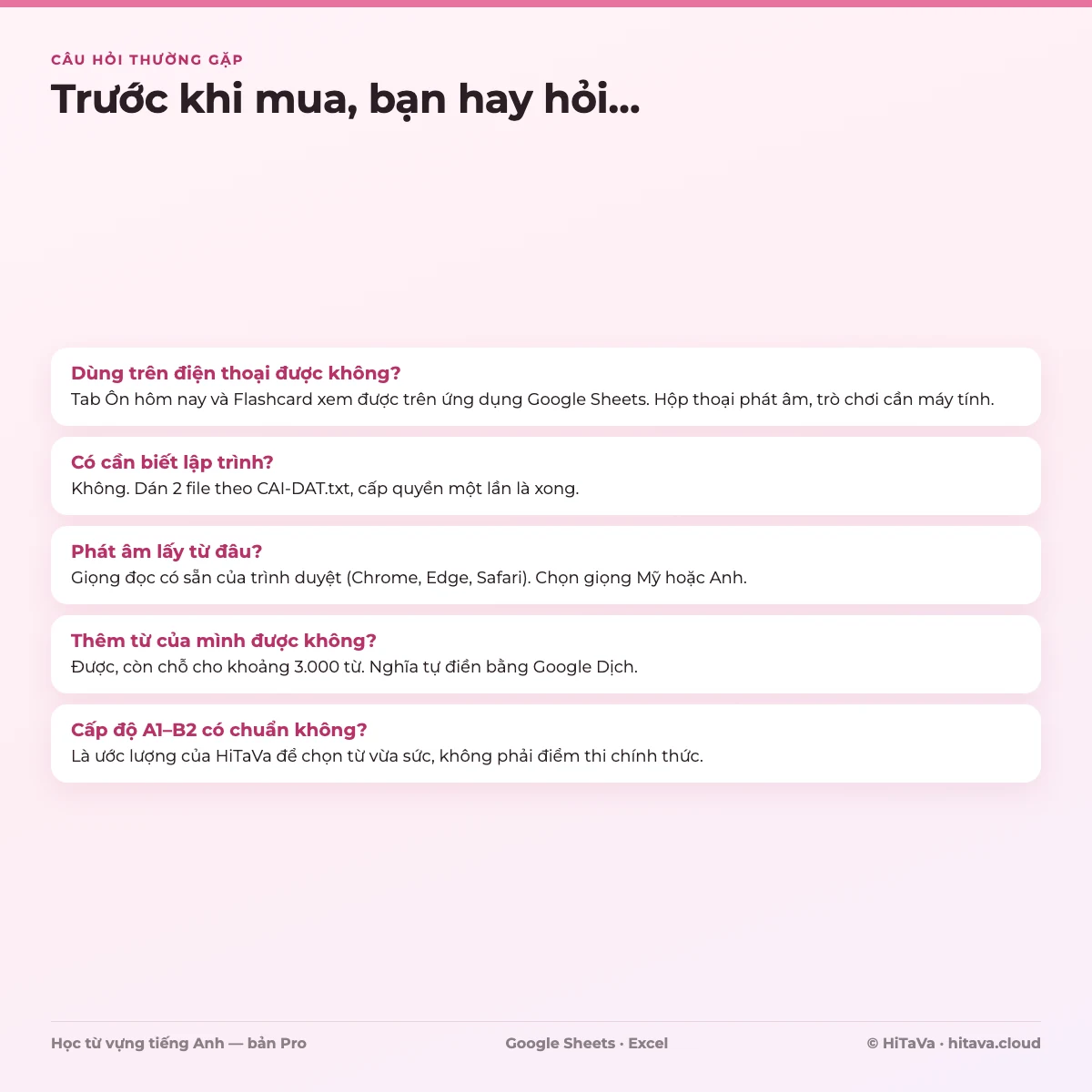 Câu hỏi thường gặp: dùng trên điện thoại, cài đặt, phát âm, thêm từ, cấp độ A1–B2