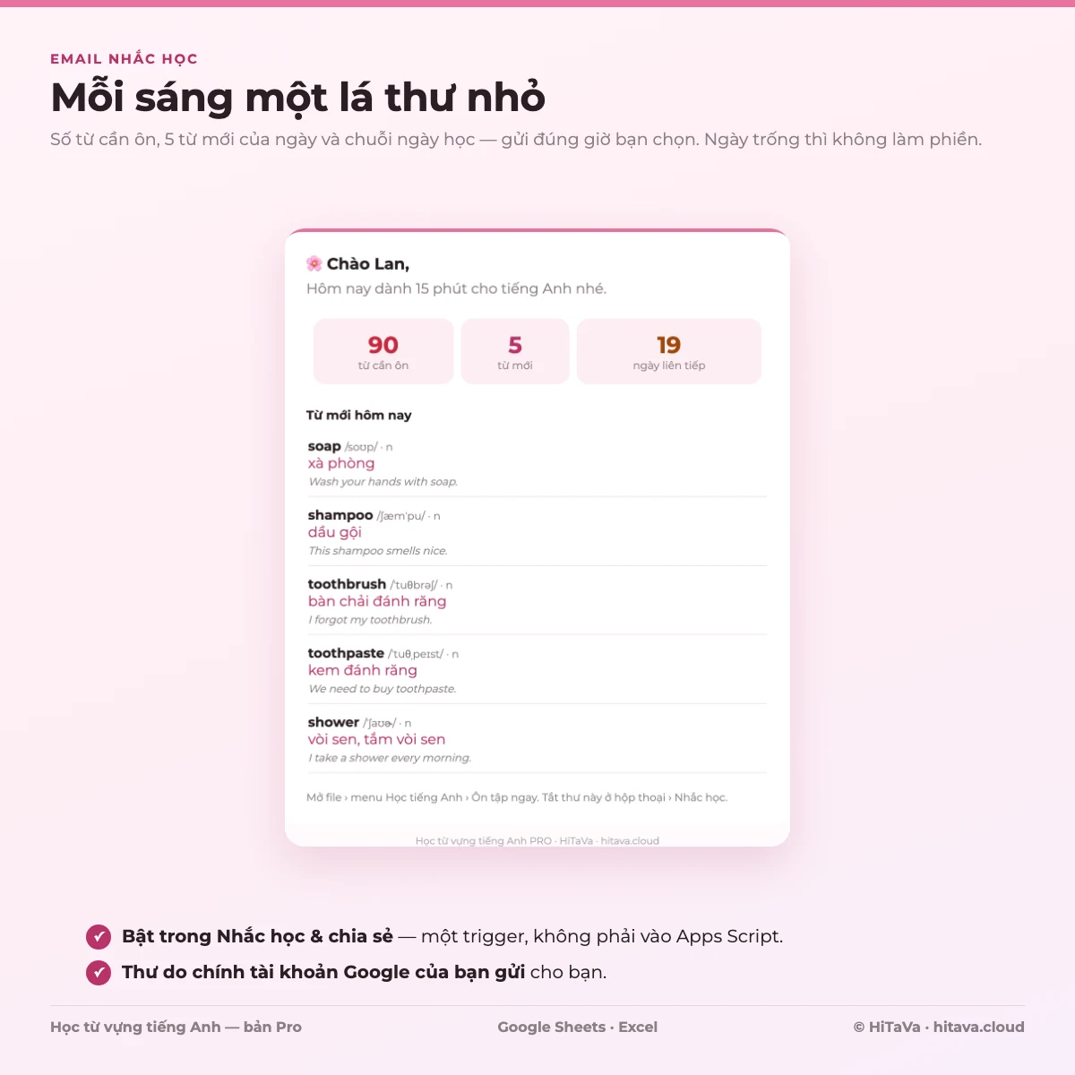 Email nhắc học buổi sáng: số từ cần ôn, số từ mới, chuỗi ngày và 5 từ mới hôm nay