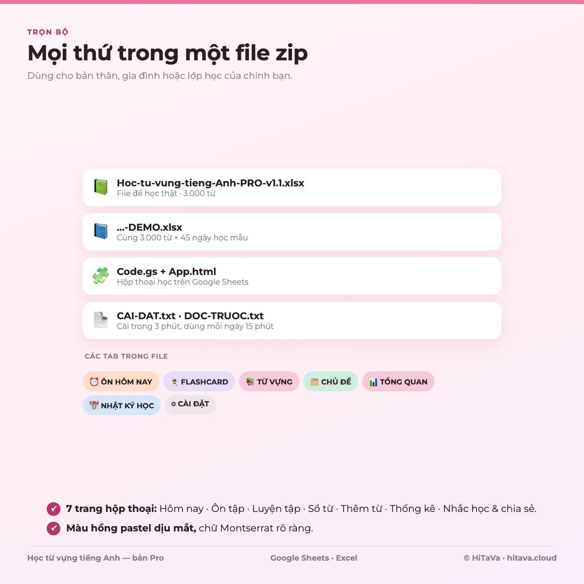 Trọn bộ trong file zip: file .xlsx, file DEMO, Code.gs và App.html, CAI-DAT.txt, DOC-TRUOC.txt