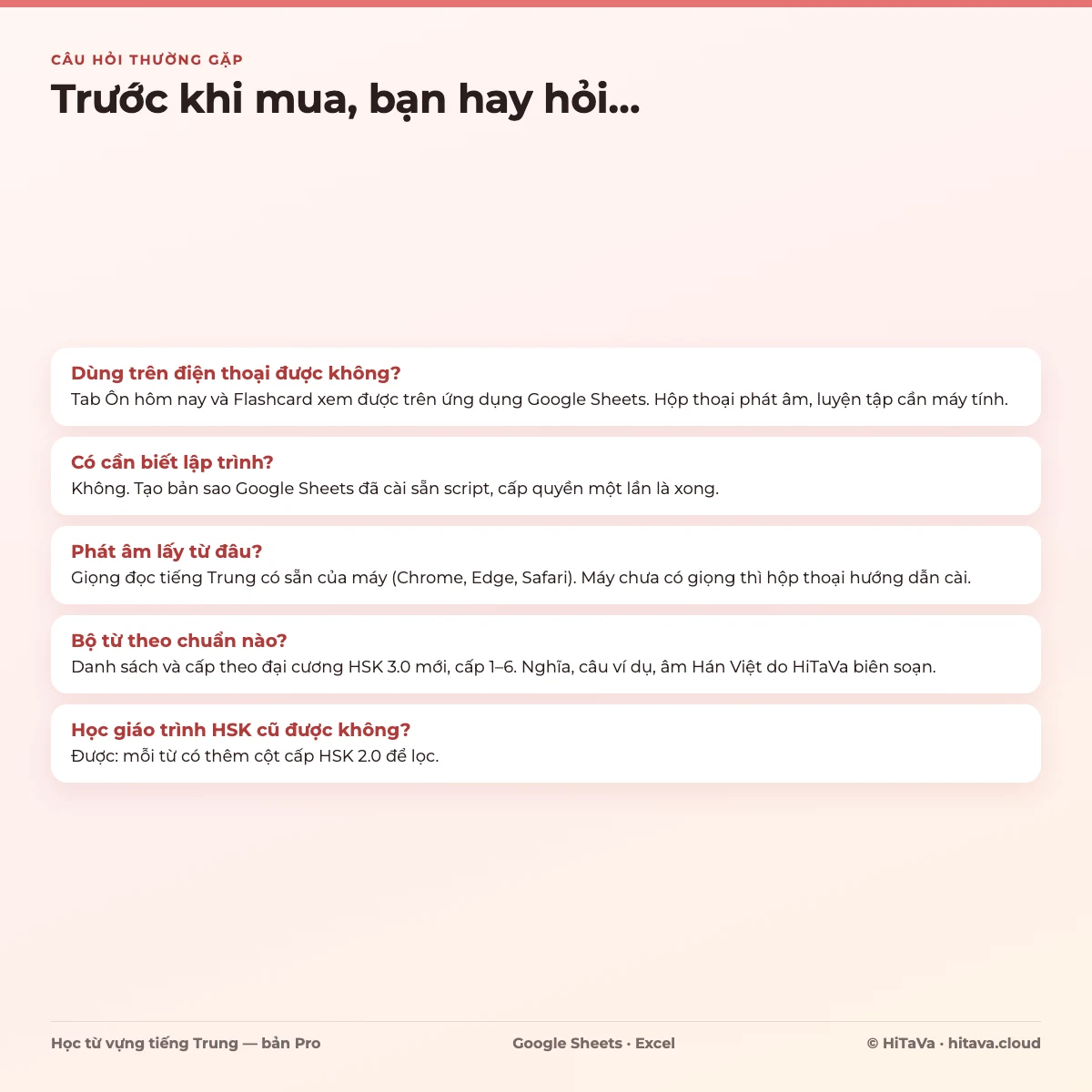 Câu hỏi thường gặp: dùng trên điện thoại, cài đặt, phát âm, chuẩn bộ từ HSK, giáo trình HSK cũ