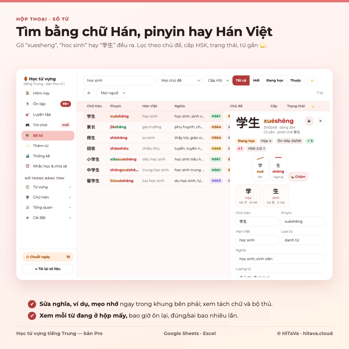 Sổ từ: gõ hoc sinh ra 学生 và các từ liên quan, khung sửa chi tiết có tách chữ và bộ thủ