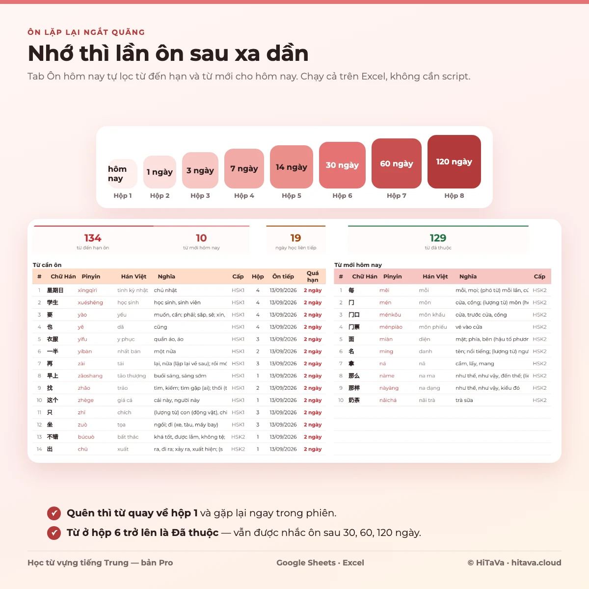 Tám hộp ôn lặp lại ngắt quãng từ trong ngày đến 120 ngày và tab Ôn hôm nay lọc từ đến hạn