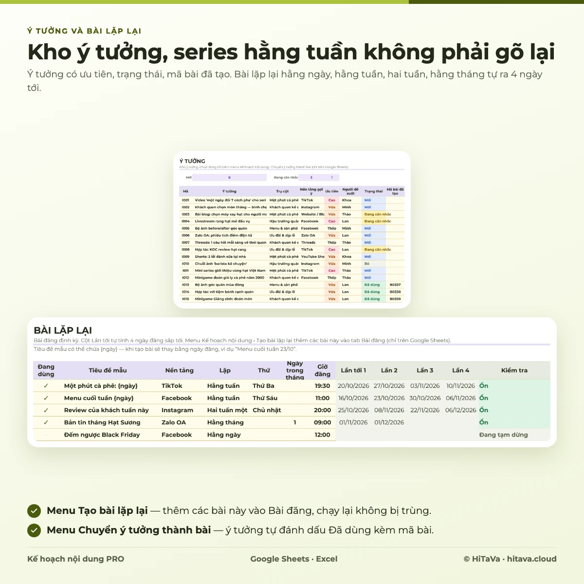 Tab Ý tưởng với ưu tiên và trạng thái, tab Bài lặp lại với kiểu lặp và 4 ngày đăng tới