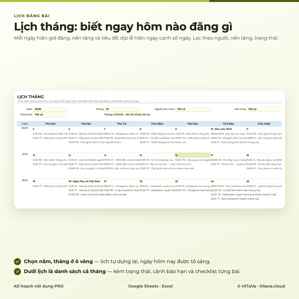 Tab Lịch tháng: lịch tháng 10 của quán cà phê DEMO, mỗi ô ngày có giờ đăng, nền tảng, tiêu đề bài và tên dịp lễ